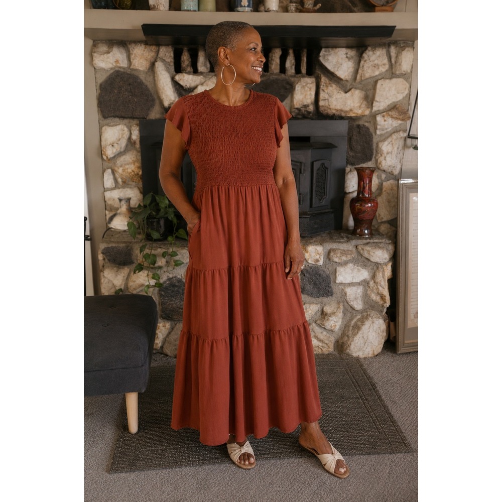 Rust Boho Smocked Maxi Dress Terracotta Tiered Flutter Sleeve Large